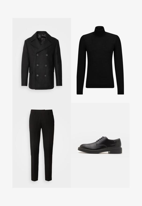 Isaac Dewhirst NEW SHORT PEACOAT SIDE ENTRY - Lagana jakna - black; Crni dukserica s visokim ovratnikom, napravljena od mekanog materijala, s dugim rukavima i priljubljenim krojem. Rebrasti detalji na donjem rubu i rukavima. Jednostavan dizajn.; Crne hlače ravnog kroja, s kopčanjem na dugme, petljama za pojas i glatkom teksturom tkanine. Nema vidljivih uzoraka ili akcenata.; Crne kožne cipele s vezanjem i zaobljenim vrhom, glatke teksture, minimalnim šavovima i niskim gumiranim potplatom. Logo se nalazi na peti.