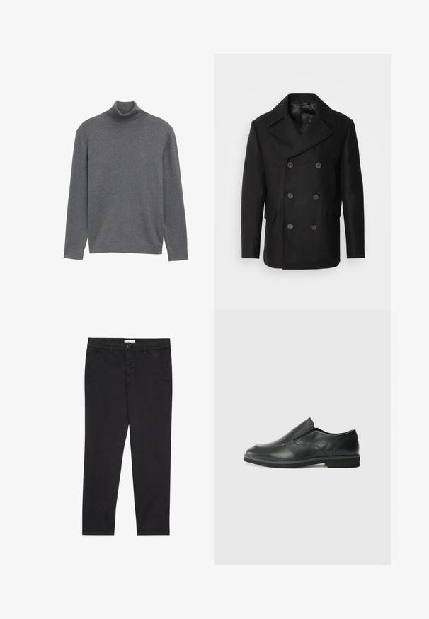 Isaac Dewhirst NEW SHORT PEACOAT SIDE ENTRY - Veste mi-saison - black; Pull à col roule gris en tissu tricoté doux. Il présente des manches longues et un col ajusté, avec un design minimaliste et sans logos visibles.; Pantalon en coton noir à coupe slim, avec deux poches latérales et une fermeture à bouton à l'avant. Tissu texturé avec des détails subtils.; Chaussure slip-on en cuir noir avec une tige lisse, des accents cousus, un bout arrondi et un petit talon en caoutchouc. La semelle présente un profil de traction minimal.