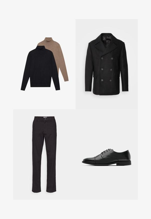 Isaac Dewhirst NEW SHORT PEACOAT SIDE ENTRY - Light jacket - black; Two long-sleeve turtleneck sweaters, one in black and one in light brown, made of soft knit fabric with a fitted design and ribbed cuffs.; Black cotton trousers with a straight-leg design, featuring a front button closure and side pockets. Smooth texture and minimal detailing.; Black leather dress shoe with a rounded toe, lace-up design, subtle stitching details, and a low heel. Smooth texture with polished finish.