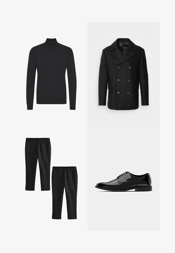 Isaac Dewhirst NEW SHORT PEACOAT SIDE ENTRY - Jachetă subțire - black; Pulover negru cu guler înalt, realizat dintr-un material neted, având mâneci lungi și manșete și tiv cu izolație. Design simplu, fără ornamente.; Pantaloni negri, croiți, cu o textură netedă, având un design cu picior drept și talie medie. Se prezintă două perechi, una dintre ele fiind scurtă.; Pantofii din piele lacuită neagră, cu vârful rotund, design cu șireturi și suprafață netedă, strălucitoare. Au o talpă din cauciuc cu profil jos.