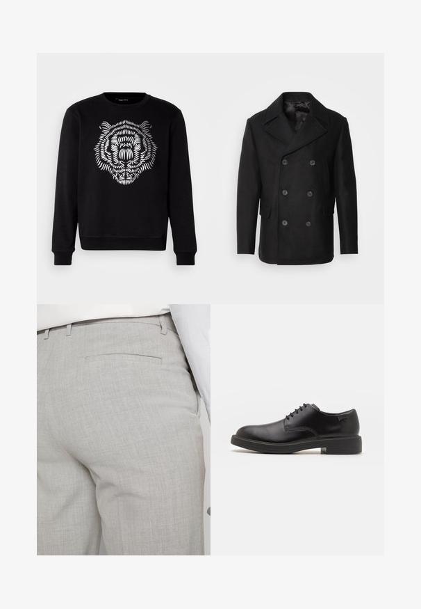 Isaac Dewhirst NEW SHORT PEACOAT SIDE ENTRY - Giacca da mezza stagione - black; Felpa nera con una grafica dettagliata di una tigre bianca sul davanti. Il design presenta linee spesse e un aspetto texturizzato.; Polo a maniche lunghe grigio chiaro realizzato in tessuto morbido, con un colletto classico, patta con tre bottoni e polsini a costine.; Pantaloni sartoriali grigio chiaro realizzati in tessuto strutturato, con una tasca posteriore singola e cuciture pulite.; Scarpa nera in pelle con lacci, punta tonda, texture liscia, cuciture minime e tacco in gomma basso. Logo sul tacco.