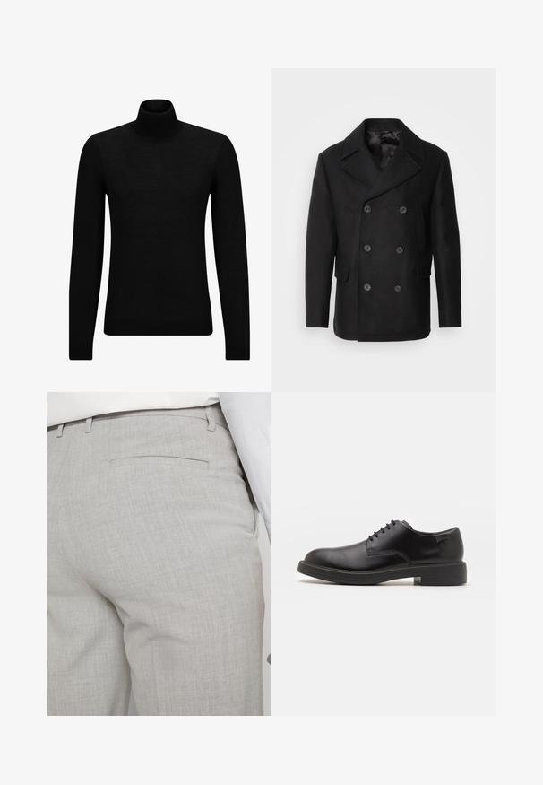 Isaac Dewhirst NEW SHORT PEACOAT SIDE ENTRY - Mezisezónní bunda - black; Černý rolák vyrobený z měkkého materiálu, s dlouhými rukávy a těsným střihem. Hladký lem na spodním okraji a manžetách. Jednoduchý design.; Světlounce šedé kalhoty na míru z texturované látky, s jednou zadní kapsou a čistým prošitím.; Černé kožené šněrovací boty s kulatou špičkou, hladkým povrchem, minimálním prošíváním a nízkým gumovým podpatkem. Logo na patě.