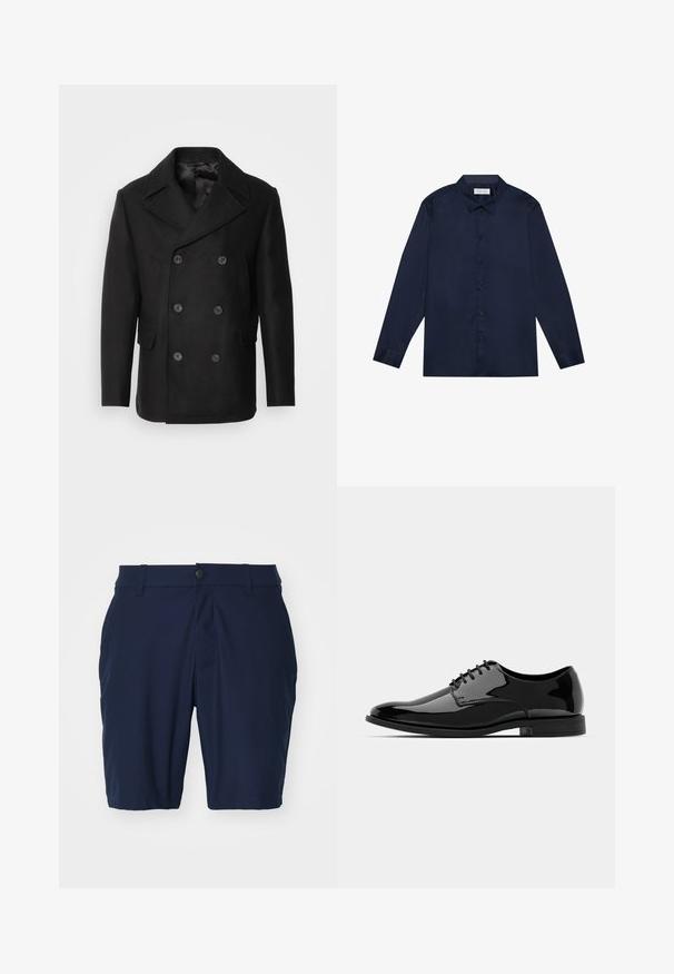 Isaac Dewhirst NEW SHORT PEACOAT SIDE ENTRY - Välikausitakki - black; Tummansininen pitkähihainen paita, joka on valmistettu sileästä kankaasta. Paidassa on nappikiristys edessä, kaulus ja erottuva kuvioitu vuori.; Tummansiniset shortsit, jotka on valmistettu sileästä kankaasta ja joissa on nappikiinnitys, sivutaskut ja suora leikkaus.; Musta patentoitu mokkanahkakengät pyöreällä varpalla, nauhakuormausmalli ja sileä, kiiltävä pinta. Varustettu matalaprofiilisella kumipohjalla.