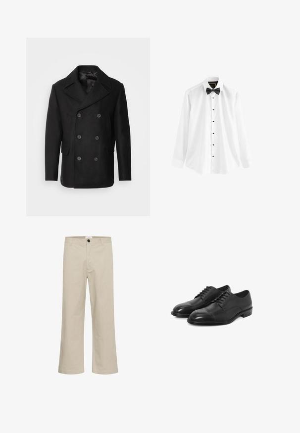 Isaac Dewhirst NEW SHORT PEACOAT SIDE ENTRY - Lagana jakna - black; Bijela košulja od pamuka, s dugim rukavima, crnim leptir mašnom i crnim dugmadi sprijeda.; Bež hlače širokih nogavica od pamuka, s prednjim zatvaranjem na dugme, petljama za remen i glatkom, neukrasnom završnom obradom.; Crne kožne cipele s glatkom površinom, okruglim vrhom i dizajnom s kapicom. Imaju tanke vezice i nisku, elegantnu petu.