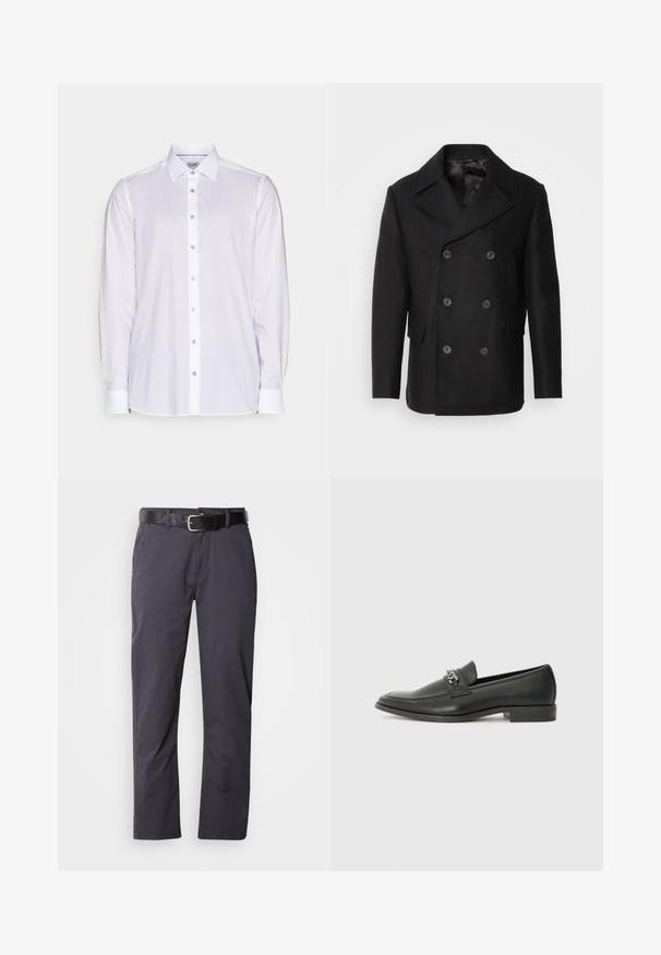 Isaac Dewhirst NEW SHORT PEACOAT SIDE ENTRY - Ελαφρύ μπουφάν - black; Λευκό επίσημο πουκάμισο με μακριά μανίκια, κλασικό γιακά, μπροστινό κλείσιμο με κουμπιά σε ανοιχτό μπλε χρώμα και μανίκια με κουμπώματα.; Μαύρο βαμβακερό παντελόνι με ίσια γραμμή, που διαθέτει δύο μπροστινές τσέπες και ζωνάκι. Ο ιστός έχει λεία υφή και ματ φινίρισμα.; Μαύρη δερμάτινη λοφάρα με λείο φινίρισμα, που διαθέτει ραμμένο σχέδιο και διακοσμητική μεταλλική αλυσίδα πάνω από το μπροστινό μέρος. Χαμηλή φτέρνα.