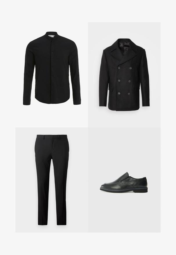 Isaac Dewhirst NEW SHORT PEACOAT SIDE ENTRY - Übergangsjacke - black; Schwarzes Langarmshirt mit Stehkragen, vorderer Knopfverschluss und glatter Textur. Gerader Saum und taillierte Passform.; Maßgeschneiderte schwarze Hose aus glattem Stoff. Sie verfügt über ein gerades Bein, Vorderfalten und Gürtelschlaufen für eine anpassbare Größe.; Schwarze Leder-Slipper mit glattem Obermaterial, gesteppten Akzenten, runder Zehenpartie und niedrigem Gummiabsatz. Die Sohle hat ein minimales Profil.