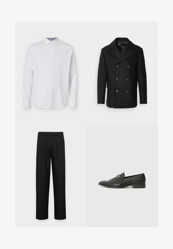 Isaac Dewhirst NEW SHORT PEACOAT SIDE ENTRY - Lahka jakna - black; Bela srajca z dolgimi rokavi iz lahkega blaga z gumbastim zapenjanjem spredaj, ovratnikom in subtilno teksturo. Vključuje kontrastno podrobnost na notranji strani ovratnika.; Črne hlače iz gladkega materiala, s krojem ravne noge, dvema sprednjima pregiboma in standardnim pasom z zankami za pas.; Črni usnjeni loafer z gladko površino, ki ima šivano zasnovo in dekorativni kovinski verižni naglas preko vampirja. Ravno peto.