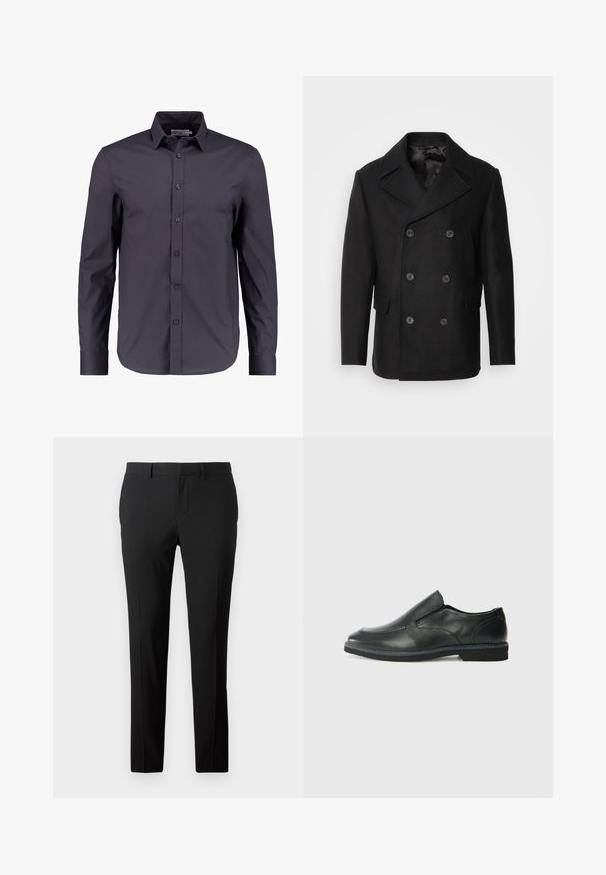 Isaac Dewhirst NEW SHORT PEACOAT SIDE ENTRY - Übergangsjacke - black; Dunkelmarineblaues Langarmhemd aus glattem Baumwollstoff, mit einem Knopfverschluss, klassischem Kragen und taillierter Passform.; Maßgeschneiderte schwarze Hose aus glattem Stoff. Sie verfügt über ein gerades Bein, Vorderfalten und Gürtelschlaufen für eine anpassbare Größe.; Schwarze Leder-Slipper mit glattem Obermaterial, gesteppten Akzenten, runder Zehenpartie und niedrigem Gummiabsatz. Die Sohle hat ein minimales Profil.