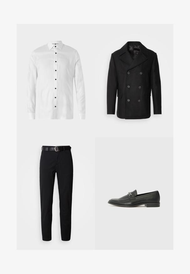Isaac Dewhirst NEW SHORT PEACOAT SIDE ENTRY - Jachetă subțire - black; Cămașă albă cu mâneci lungi și guler clasic, având nasturi negri și o textură netedă, concepută pentru o croială ajustată.; Pantaloni negri cu o croială dreaptă, având o textură netedă și un cureaua din piele neagră cu o cataramă argintie. Design simplu, fără modele sau accente.; Pantofii negri din piele cu un finisaj neted, având un design cusut și un accent decorativ de lanț metalic peste partea de sus. Toc plat.