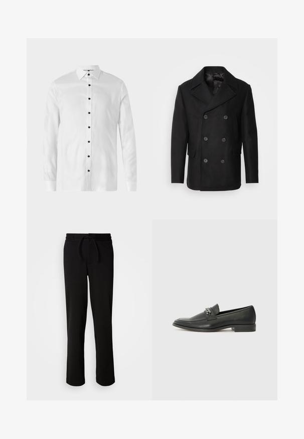 Isaac Dewhirst NEW SHORT PEACOAT SIDE ENTRY - Veste mi-saison - black; Chemise blanche à manches longues avec boutons noirs, col classique et texture lisse, conçue pour une coupe ajustée.; Pantalons de survêtement noirs avec une taille élastique à cordon, fabriqués à partir d'un tissu doux et extensible. Présente une coupe décontractée avec des jambes droites et sans poches visibles.; Mocassin en cuir noir avec une finition lisse, présentant un design cousu et une accent décoratif en chaîne métallique sur le rand. Talon plat.