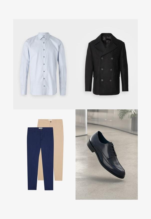 Isaac Dewhirst NEW SHORT PEACOAT SIDE ENTRY - Ľahká bunda - black; Svetlomodrá košeľa na gombíky so štruktúrovaným golierom, dlhými rukávmi a jemným textúrovaným vzorom. Na prednej strane sú kovové gombíky.; Dvoje nohavíc: jedny námornícky modré a jedny béžové. Obe sú s rovný strihom, zapínaním na gombík a hladkou textúrou látky.; Lesklá čierna kožená obuv na šnurovanie, ktorá sa vznáša nad hladkým, svetlošedým podlahou a vertikálnymi kovovými tyčami v pozadí.