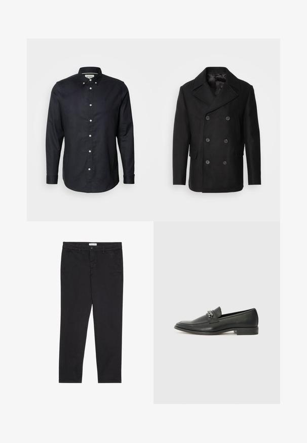 Isaac Dewhirst NEW SHORT PEACOAT SIDE ENTRY - Lengva striukė - black; Scotch & Soda CORE OXFORD SOLID - Marškiniai - black; Juodos medvilnės kelnės su siauru pjūviu, turinčios dvi šonines kišenes ir priekinį mygtuko užsegimą. Audinys tekstūruotas su subtiliomis detalėmis.; Juodos odinės loafer tipo bateliai su lygiu paviršiumi, turintys siuvinėtą dizainą ir dekoratyvų metalo grandinėlės akcentą ant batų viršaus. Plokščias kulnas.