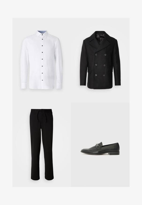 Isaac Dewhirst NEW SHORT PEACOAT SIDE ENTRY - Välikausitakki - black; Valkoinen pitkähihaisista paitaa, jossa on klassinen kaulus, mustat napit edessä ja kontrastoiva vaaleansininen sisäkaulustieto. Sileä kangastunne.; Musta verkkohousut, joissa on narukiristysvyötärö, valmistettu pehmeästä ja joustavasta kankaasta. Ominaisuuksiin kuuluu rento istuvuus suorin lahkein, eikä näkyviä taskuja ole.; Musta nahkakengät, joissa on sileä pinta, koristeelliset ompeleet ja metalliketjun yksityiskohta kengän päällä. Littee korko.