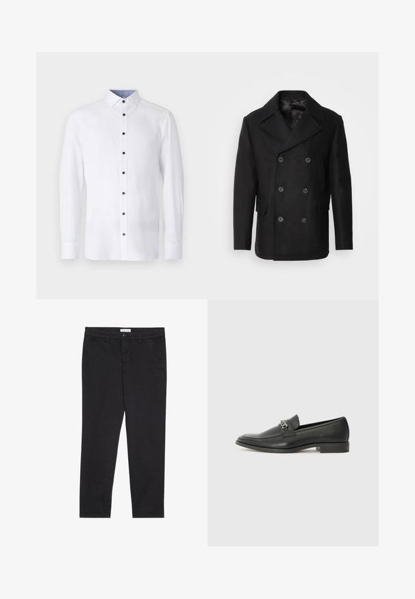 Isaac Dewhirst NEW SHORT PEACOAT SIDE ENTRY - Light jacket - black; White long-sleeve shirt with a classic collar, black buttons down the front, and contrasting light blue interior collar detail. Smooth fabric texture.; Black cotton trousers with a slim fit, featuring two side pockets and a front button closure. Textured fabric with subtle detailing.; Black leather loafer with a smooth finish, featuring a stitched design and a decorative metal chain accent across the vamp. Flat heel.