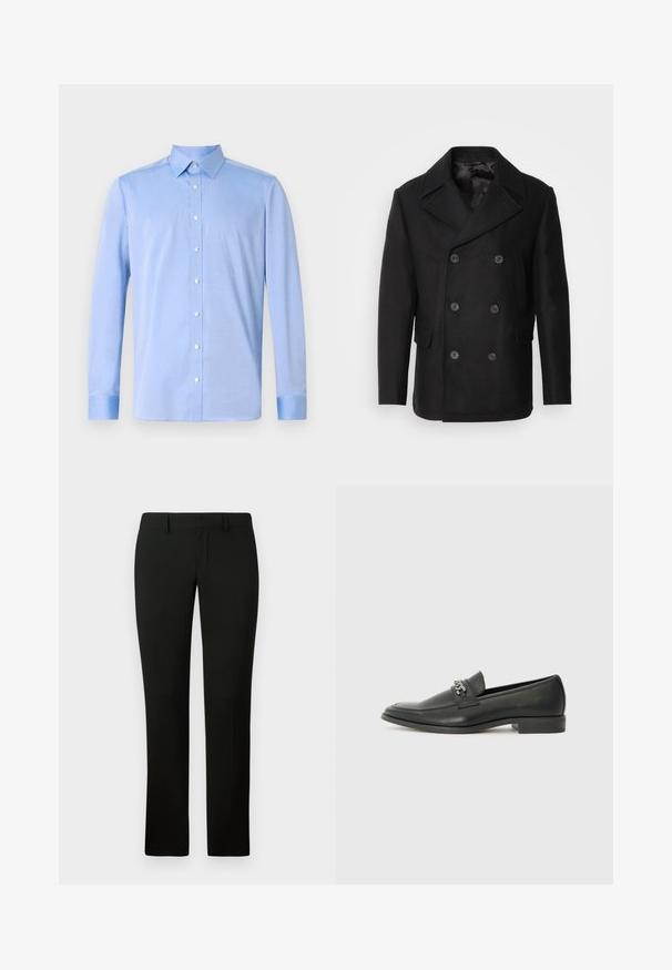 Isaac Dewhirst NEW SHORT PEACOAT SIDE ENTRY - Lagana jakna - black; Svijetloplava košulja na gumb s dugim rukavima, klasičnom ovratnikom i bijelim gumbima. Tkanina izgleda glatko s suptilnom teksturom.; Crne hlače s krojem koji se prilagođava tijelu, s glatkom teksturom i ravnim dizajnom nogavica. Pojas ima petlje za remen i čistu obrubu.; Crna kožna loafer cipela s glatkom finišem, s ušivenim uzorkom i dekorativnim metalnim lancem preko prednjeg dijela. Ravni potplat.