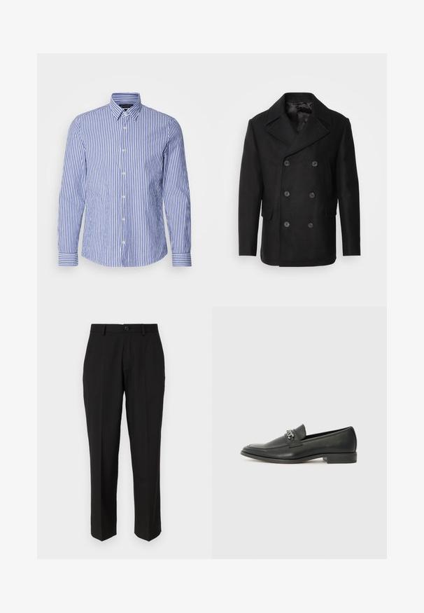 Isaac Dewhirst NEW SHORT PEACOAT SIDE ENTRY - Chaqueta de entretiempo - black; Camisa de botones de manga larga a rayas azul y blanca, hecha de algodón tejido, con un cuello clásico y un dobladillo redondeado. Presenta botones perlados.; Pantalones negros de tela suave, con un diseño de pierna recta, bolsillos delanteros, un cierre de botón y sin patrones visibles.; Mocasín de cuero negro con un acabado suave, que cuenta con un diseño de costura y un acento decorativo de cadena de metal en el empeine. Tacón plano.