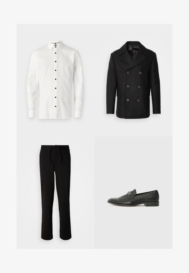 Isaac Dewhirst NEW SHORT PEACOAT SIDE ENTRY - Giacca da mezza stagione - black; Camicia bianca a maniche lunghe realizzata in tessuto liscio, dotata di colletto con bottoni e sei bottoni neri sul davanti.; Pantaloni della tuta neri con cintura regolabile, realizzati in un tessuto morbido e elasticizzato. Presentano una vestibilità comoda con gambe dritte e senza tasche visibili.; Mocassino in pelle nera con finitura liscia, caratterizzato da un design cucito e da un accento decorativo in catena metallica sul vamp. Tacco piatto.