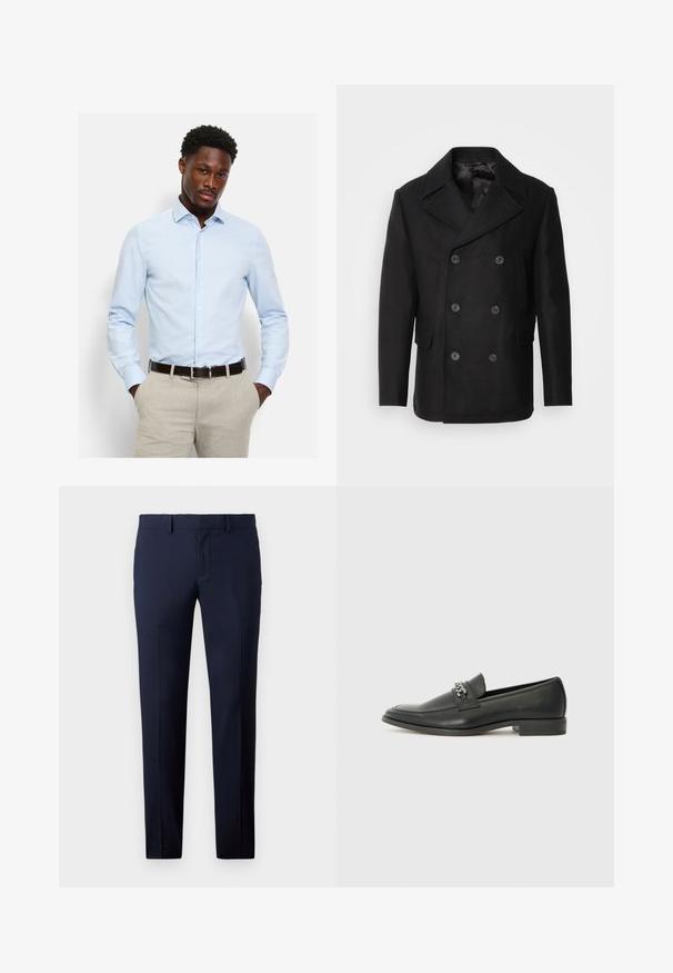 Isaac Dewhirst NEW SHORT PEACOAT SIDE ENTRY - Light jacket - black; Light blue button-up shirt with long sleeves, crafted from smooth fabric. Features a pointed collar and a tailored fit, worn with beige trousers.; Navy blue tailored trousers featuring a slim fit, straight legs, smooth texture, and belt loops, suitable for formal or business wear.; Black leather loafer with a smooth finish, featuring a stitched design and a decorative metal chain accent across the vamp. Flat heel.