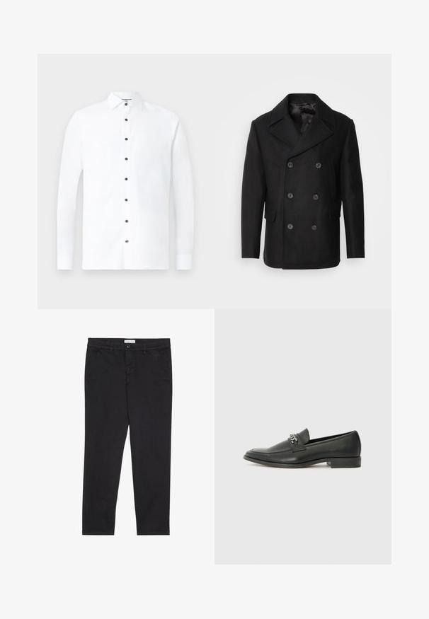 Isaac Dewhirst NEW SHORT PEACOAT SIDE ENTRY - Lahka jakna - black; Bela srajca z dolgimi rokavi iz bombaža, ki ima klasičen ovratnik, črne gumbke in gumbnice na manšeti. Gladka tekstura z minimalnim dizajnom.; Črne bombažne hlače s slim fit krojem, z dvema stranskima žepoma in sprednjim gumbom za zapiranje. Teksturirano blago z nežnimi detajli.; Črni usnjeni loafer z gladko površino, ki ima šivano zasnovo in dekorativni kovinski verižni naglas preko vampirja. Ravno peto.