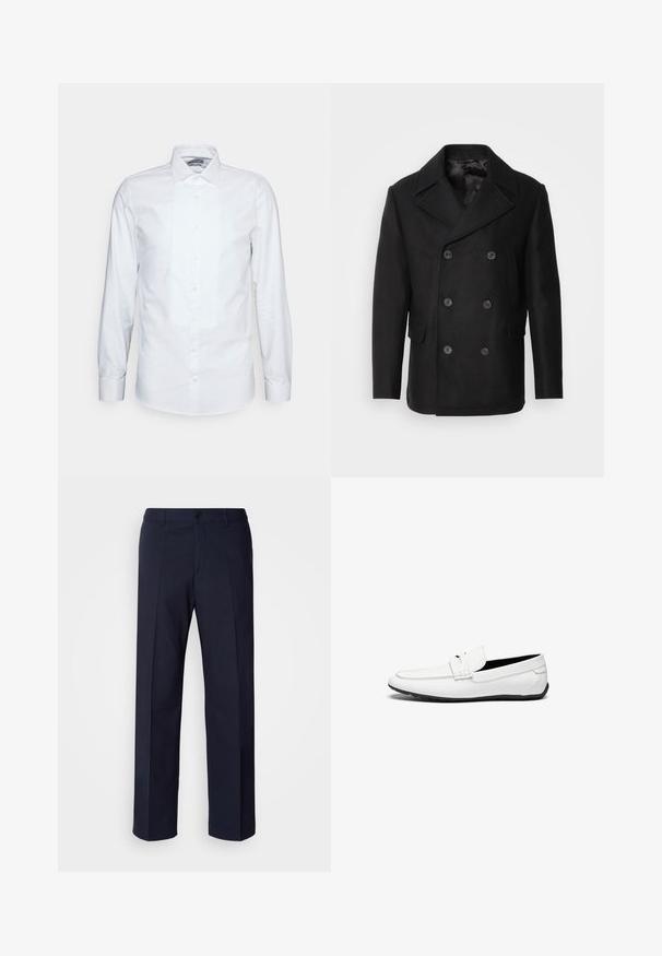 Isaac Dewhirst NEW SHORT PEACOAT SIDE ENTRY - Könnyű dzseki - black; Fehér hosszú ujjú ing, pamutból készült. Ráncolt elöl, hegyes gallér és klasszikus gombos záródás jellemzi. Sima felület és testhez álló fazon.; Tengerészkék egyenes szárú nadrág, sima anyagból, elöl redőkkel és egy gombos záródással.; Fehér bőr mokaszinok sima felülettel, kerülékkel, lekerekített orral és fekete gumitalppal, amely biztosítja a tapadást.