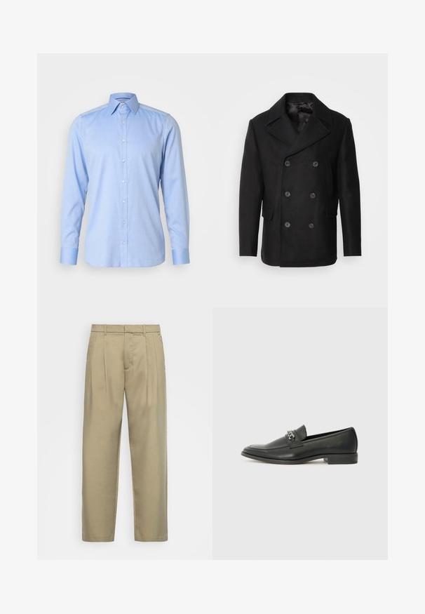 Isaac Dewhirst NEW SHORT PEACOAT SIDE ENTRY - Giacca da mezza stagione - black; Camicia blu chiaro con bottoni in tessuto morbido, caratterizzata da un colletto classico, maniche lunghe e cinque bottoni frontali con polsini abbinati.; Pantaloni beige a vita alta con taglio dritto, dotati di una parte frontale liscia, tasche laterali e un tessuto morbido e testurizzato.; Mocassino in pelle nera con finitura liscia, caratterizzato da un design cucito e da un accento decorativo in catena metallica sul vamp. Tacco piatto.