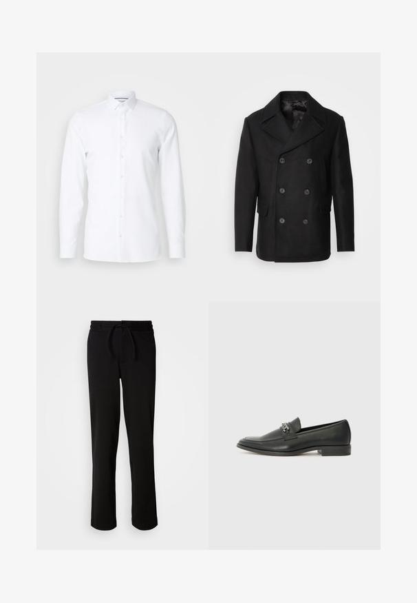 Isaac Dewhirst NEW SHORT PEACOAT SIDE ENTRY - Overgangsjakke - black; Hvid langærmet skjorte lavet af glat stof, med spids krave og knaplukning foran. Ingen mønstre eller udsmykninger.; Sorte sweatpants med snor i taljen, lavet af blødt og strækbart stof. Har en afslappet pasform med lige ben og uden synlige lommer.; Sorte læder loafers med en glat finish, der har et syet design og et dekorativt metal kædeaccent hen over vamps. Flad hæl.