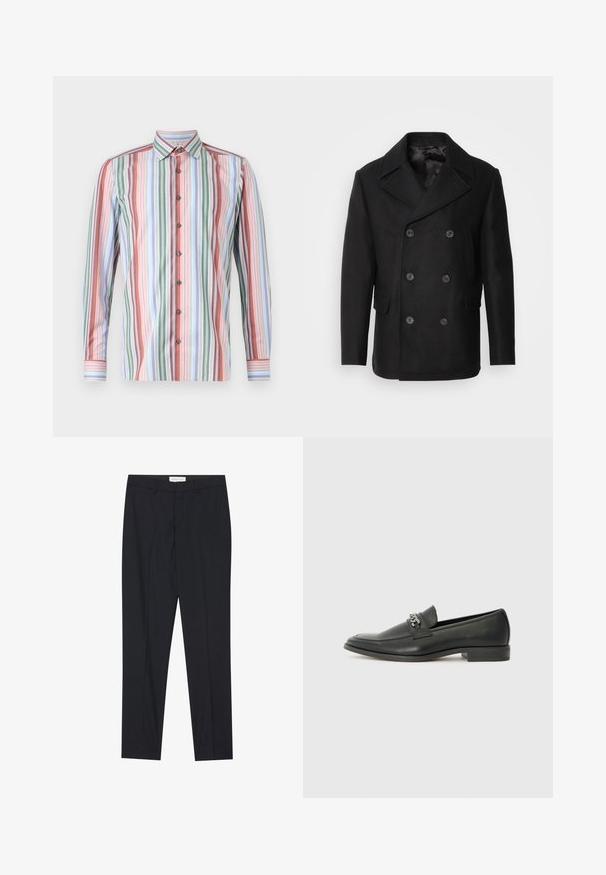 Isaac Dewhirst NEW SHORT PEACOAT SIDE ENTRY - Overgangsjakke - black; Knap-up skjorte med lodrette striber i flere farver: rød, grøn, blå og hvid. Langærmede og med standard kravedesign.; Sorte skræddertræner med flad front, almindelig pasform, lavet af glat stof, med pressede folder og sidelommer.; Sorte læder loafers med en glat finish, der har et syet design og et dekorativt metal kædeaccent hen over vamps. Flad hæl.