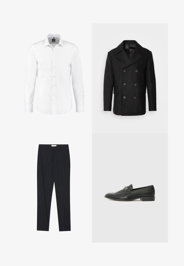 Isaac Dewhirst NEW SHORT PEACOAT SIDE ENTRY - Jas - black; Witte langearmige shirt gemaakt van gladde stof, met een klassieke kraag, knopen aan de voorkant en manchetten met enkele knopen. Geen patronen of accenten.; Zwarte op maat gemaakte broeken met een vlakke voorkant, reguliere pasvorm, gemaakt van een gladde stof, met persplooien en zijzakken.; Zwarte leren instapper met een gladde afwerking, voorzien van een gestikt ontwerp en een decoratieve metalen kettingaccent over de wreef. Platte hak.