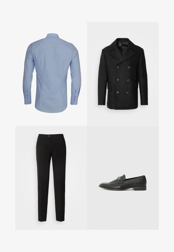 Isaac Dewhirst NEW SHORT PEACOAT SIDE ENTRY - Giacca da mezza stagione - black; Camicia a maniche lunghe azzurro chiaro con colletto button-down, caratterizzata da una texture liscia e un design aderente, con dettagli di bottoni bianchi.; Pantaloni neri a gamba dritta realizzati in tessuto liscio, con chiusura a bottone e tasche laterali dal design classico.; Mocassino in pelle nera con finitura liscia, caratterizzato da un design cucito e da un accento decorativo in catena metallica sul vamp. Tacco piatto.