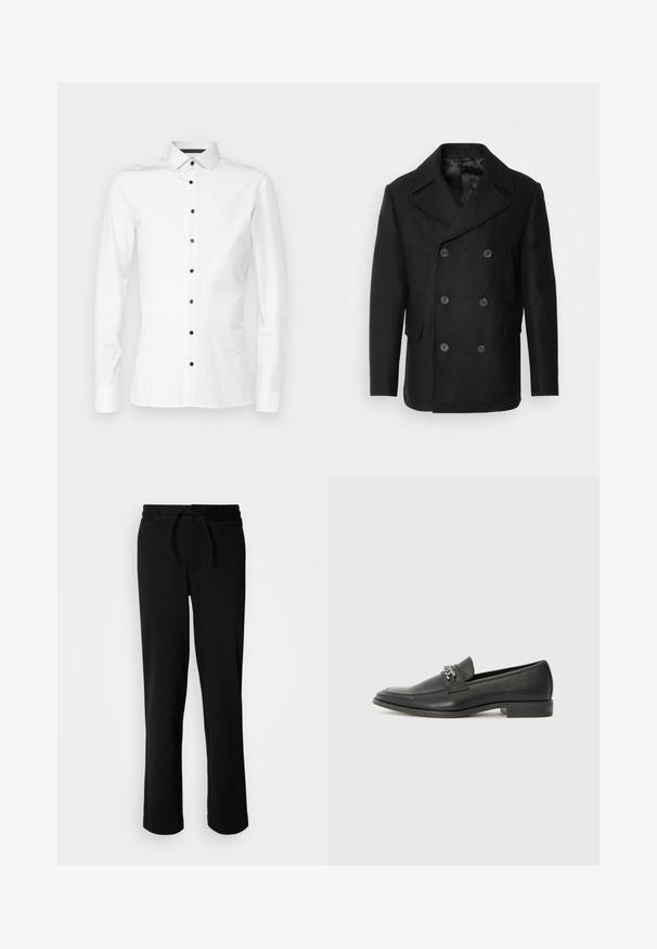 Isaac Dewhirst - Kurtka przejściowa; OLYMP No. Six PERFORMANC biały; Czarne dresy z elastycznym pasem, wykonane z miękkiego, rozciągliwego materiału. Posiadają luźny krój z prostymi nogawkami i bez widocznych kieszeni.; Czarne skórzane mokasyny o gładkim wykończeniu, z haftowanym wzorem i dekoracyjnym akcentem z metalowego łańcucha na wierzchu. Płaska pięta.