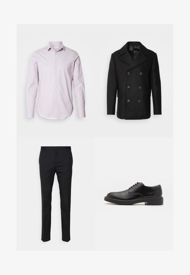 Isaac Dewhirst NEW SHORT PEACOAT SIDE ENTRY - Mezisezónní bunda - black; Světle růžová košile s dlouhým rukávem a malými bílými puntíky, s límečkem na knoflíčky a zaobleným lemem. Vyrobena z hladké tkaniny s jemným leskem.; Černé elegantní kalhoty s rovnýma nohavicema, vyrobené z hladkého materiálu. Obsahují poutka na opasek a detail sklady na přední straně.; Černé kožené šněrovací boty s kulatou špičkou, hladkým povrchem, minimálním prošíváním a nízkým gumovým podpatkem. Logo na patě.