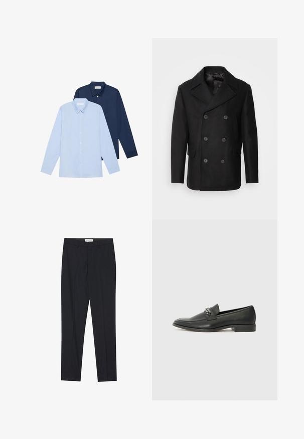 Isaac Dewhirst NEW SHORT PEACOAT SIDE ENTRY - Viegla jaka - black; Divas garām piedurknēm krekli: viens gaiši zils un otrs tumši zils, abi ar klasisku apkakli un pogu priekšpusi, izgatavoti no gludas auduma.; Melni pielāgoti bikses ar taisnu priekšpusi, regulāra piegriezuma, izgatavotas no gluda auduma, ar presētām krokām un sānu kabatām.; Melna ādas loafer izmēra apavi ar gludu virsmu, piedāvā ar šūtu dizainu un dekoratīvu metāla ķēdes akcentu pār vampu. Plakana papēža daļa.