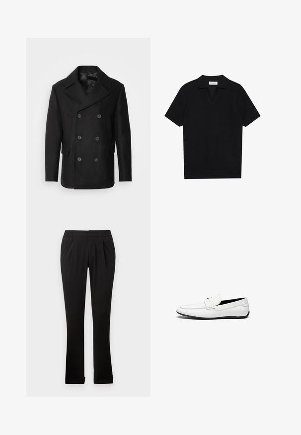 Isaac Dewhirst NEW SHORT PEACOAT SIDE ENTRY - Viegla jaka - black; Melns īsām piedurknēm polo krekls ar teksturētu, ribotu audumu, ar V veida kakla izgriezumu un taisnu apakšmalu. Bez redzamām emblēmām vai rakstiem.; Melni bikses no gludas auduma ar elastīgu jostasvietu, taisnām kājām, priekšējām krokām un apgrieztiem malām. Vienkāršs un daudzpusīgs dizains.; Baltas ādas loafers ar gludu apdari, ar šuvju akcentu, noapaļotu purngalu un melnu gumijas zoli labai saķerei.