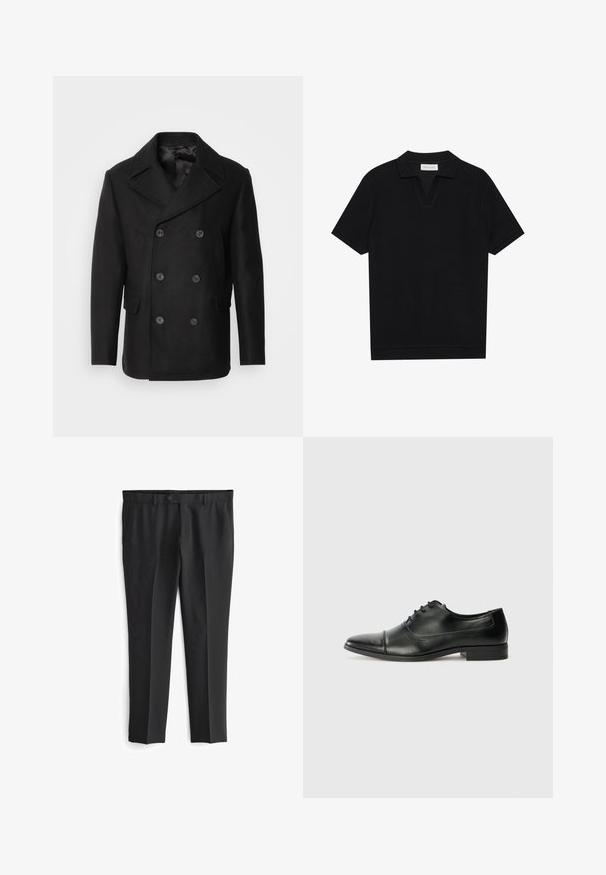 Isaac Dewhirst NEW SHORT PEACOAT SIDE ENTRY - Übergangsjacke - black; Schwarzes Kurzarm-Polohemd aus texturiertem, geripptem Stoff, mit einem V-Ausschnitt und geradem Saum. Keine sichtbaren Logos oder Muster.; Schwarze maßgeschneiderte Hose mit flachem Vorderteil, zwei seitlichen Taschen und Knopfverschluss. Glatte Textur und gerade Beinform.; Schwarze Ledertrittschuhe mit spitzem Zehenbereich, Schnürsenkeln und dezenten Nähten. Verfügt über einen niedrigen Blockabsatz und eine glatte, glänzende Oberfläche.