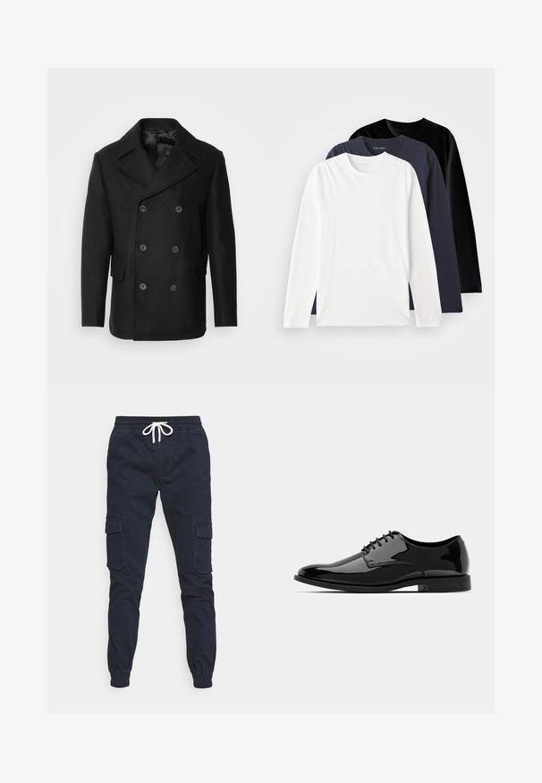 Isaac Dewhirst NEW SHORT PEACOAT SIDE ENTRY - Ελαφρύ μπουφάν - black; Τρία μακρυμάνικα T-shirts τοποθετημένα το ένα πάνω στο άλλο: ένα λευκό, ένα σκούρο ναυτικό και ένα μαύρο. Φτιαγμένα από λεία βαμβακερή ύφασμα, με στρογγυλές λαιμόκοψεις και πλαινές σχισμές.; Παντελόνια cargo σε ναυτικό μπλε χρώμα με ελαστική μέση, κορδόνι και ριγέ μανσέτες. Διαθέτει δύο πλαινές τσέπες patch και απαλό βαμβακερό υλικό.; Μαύρο παπούτσι φόρεμα από λουστρίνι με στρογγυλή μύτη, σχέδιο με κορδόνια και λείο, γυαλιστερό επιφάνεια. Διαθέτει χαμηλού προφίλ καουτσούκ σόλα.