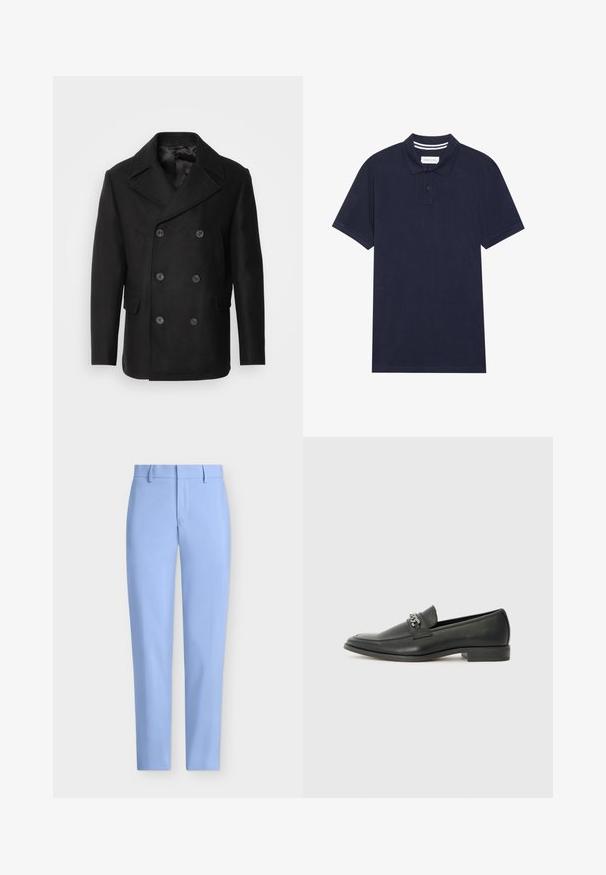 Isaac Dewhirst NEW SHORT PEACOAT SIDE ENTRY - Jachetă subțire - black; Tricou polo bleu marin, dintr-un material texturat, cu o căptușeală cu trei nasturi, mâneci scurte și un detaliu în dungi la guler.; Pantaloni personalizați de culoare albastru deschis, cu o textură fină, design cu picioare drepte și un buzunar frontal. Prezintă bucle pentru curea și închidere cu fermoar.; Pantofii negri din piele cu un finisaj neted, având un design cusut și un accent decorativ de lanț metalic peste partea de sus. Toc plat.