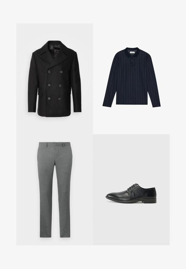 Isaac Dewhirst NEW SHORT PEACOAT SIDE ENTRY - Overgangsjakke - black; Marineblå langærmet polo med krave, der har tynde lodrette striber og en treknaps lukning. Blødt stof.; Grå skræddersyede bukser med en glat tekstur, lige ben design, bæltestropper og et subtilt hørmønster over det hele.; Sorte læder snørestøvler med en glat overflade, spidse tå og lav blokhæl. Har fem par huller til snørebånd.