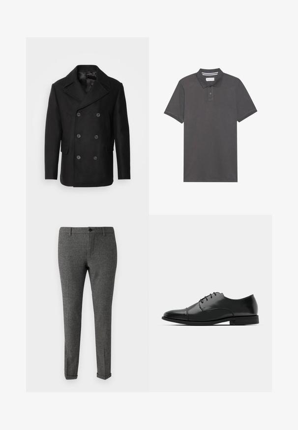 Isaac Dewhirst NEW SHORT PEACOAT SIDE ENTRY - Lahka jakna - black; Temno siva polo majica iz bombaža, z ovratnikom, z zapenjanjem na tri gumbe in kratkimi rokavi z rahlo teksturo.; Sive karirane hlače iz tkanine, z gumbom za zapiranje, zankami za pas in manšetami za prilagojen videz.; Črne usnjene moške čevlje z zaobljenim nosom, s sistemom vezalk, diskretnimi šivi in nizkih petah. Gladka tekstura s sijočim zaključkom.