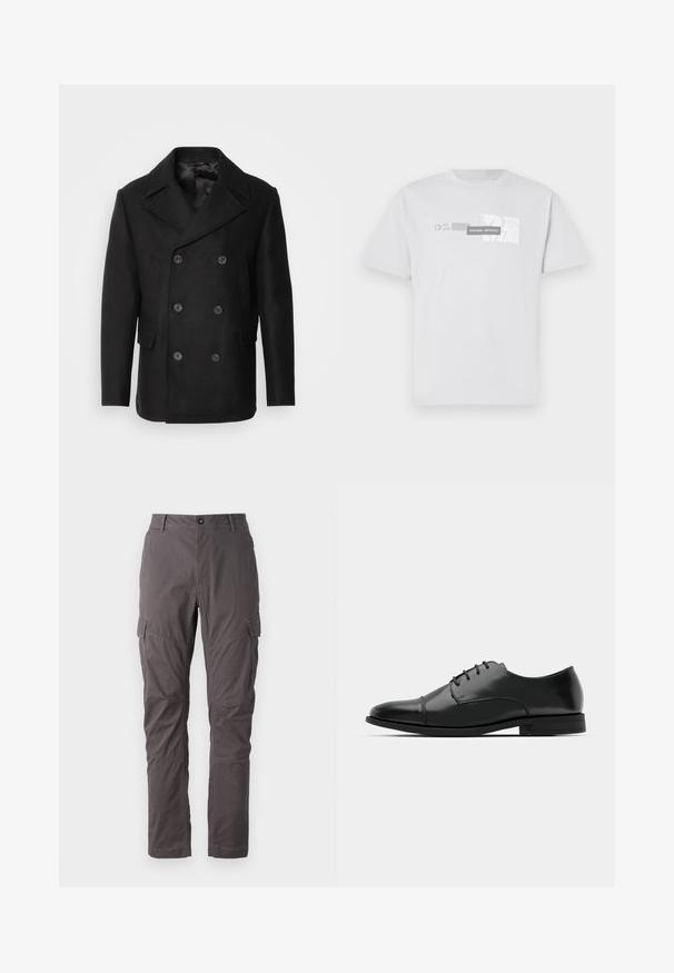 Isaac Dewhirst NEW SHORT PEACOAT SIDE ENTRY - Kerge jope - black; Valge puuvillane T-särk, mis on kaunistatud graafilise printimisega, millel on kirjad "NORTHERN AESTHETICS" ja "EST. 2007" halli värviga. Klassikaline ümar kaelus, lühikesed varrukad.; Hallid hallid tööpüksid sirge lõikega, mitmete küljetaskutega ja tugevdatud õmblustega jalgade ääres. Valmistatud vastupidavast kangast.; Must must esine tugeva varbaga, luku kinnitusega, peente õmblustete detailidega ja madala kontsaga. Sile tekstuur ja poleeritud viimistlus.