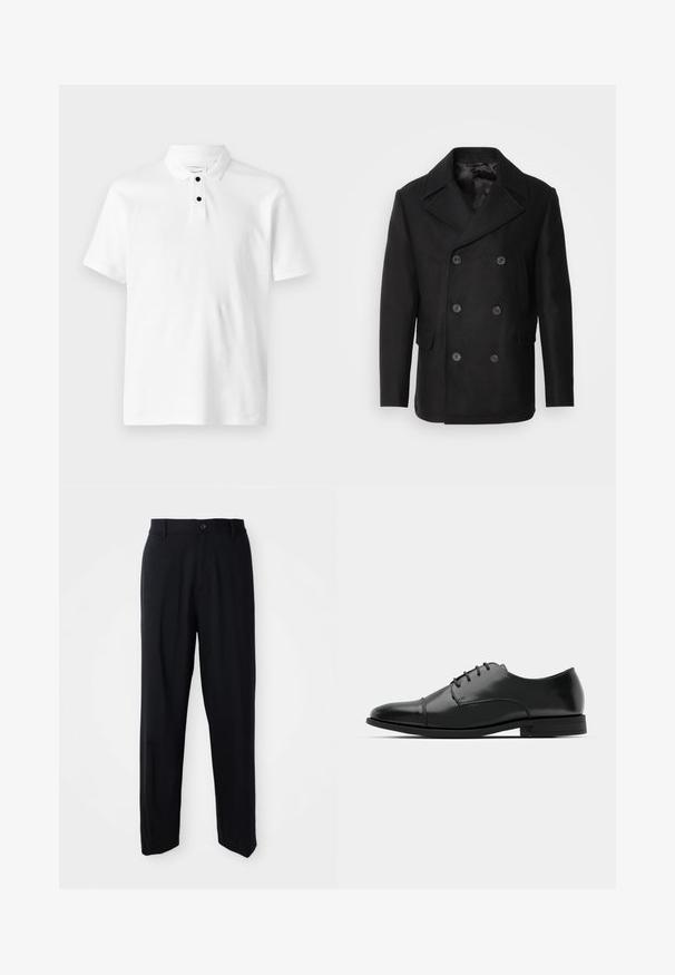 Isaac Dewhirst NEW SHORT PEACOAT SIDE ENTRY - Viegla jaka - black; Balts polo krekls ar teksturētu audumu, īsām piedurknēm, salocītu apkakli un trim melniem pogām pie kakla.; Melnas taisnas bikses ar jostu cilpiņām, pogu aizdari un elegantu, minimālistisku dizainu uz neitrāla fona.; Melnas ādas vadmalas kurpes ar noapaļotu purngalu, saistījuma dizains, smalkas izšuvumu detaļas un zema papēža. Gluda tekstūra ar spīdīgu apdari.