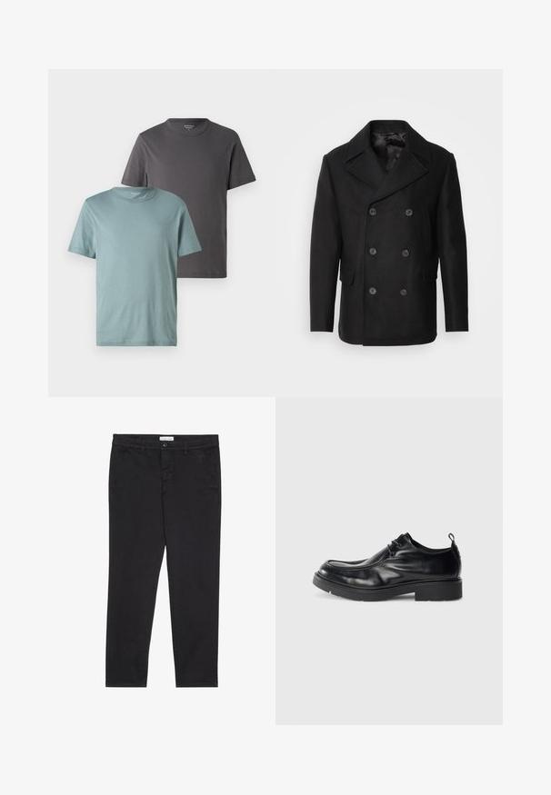 Isaac Dewhirst NEW SHORT PEACOAT SIDE ENTRY - Lengva striukė - black; Du apskritimi T-maišai skirtingų spalvų: vienas šviesiai žalias, o kitas tamsiai pilkas. Abu turi trumpas rankoves ir sklandžią medvilnės tekstūrą.; Juodos medvilnės kelnės su siauru pjūviu, turinčios dvi šonines kišenes ir priekinį mygtuko užsegimą. Audinys tekstūruotas su subtiliomis detalėmis.; Juodų odinių batų su suapvalintu nosiu, su raišteliais priekyje ir dekoratyvine siūle. Juose yra storas, tekstūruotas guminis padas ir pakeliamoji juostelė.