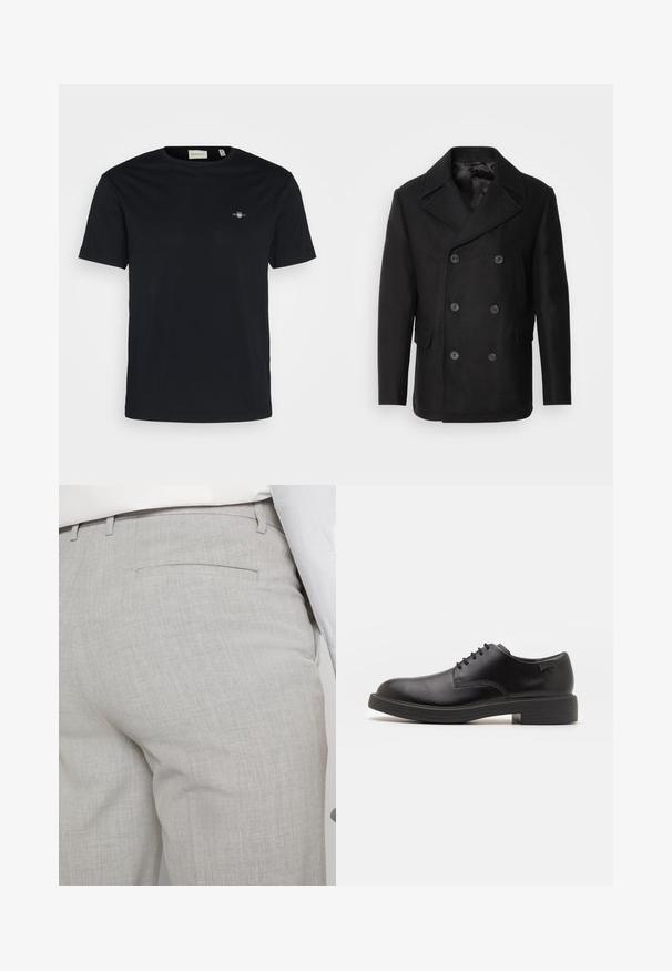 Isaac Dewhirst - Kurtka przejściowa; Czarna bawełniana koszulka z okrągłym dekoltem, krótkimi rękawami i małym logo na piersi. Gładka tekstura, standardowy krój i brak widocznych wzorów.; Jasnoszare, dopasowane spodnie wykonane z fakturowanej tkaniny, z pojedynczą tylną kieszenią i starannym przeszyciem.; Czarny skórzany but za kostkę z okrągłym noskiem, gładką fakturą, minimalnym przeszyciem i niskim gumowym obcasem. Logo na pięcie.