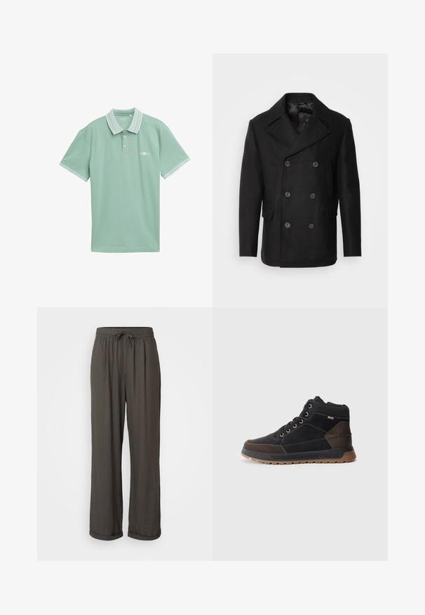 Isaac Dewhirst NEW SHORT PEACOAT SIDE ENTRY - Giacca da mezza stagione - black; Polo shirt verde chiaro realizzato in un tessuto morbido, con colletto classico bordato di bianco e un piccolo logo sul petto.; Pantaloni a gamba larga grigio scuro con vita regolabile, realizzati in un morbido tessuto testurizzato, con risvolti alle caviglie.; Sneakers alti da uomo in nero e marrone. Realizzati in pelle e materiali sintetici, con un colletto testurizzato, lacci e suola in gomma.