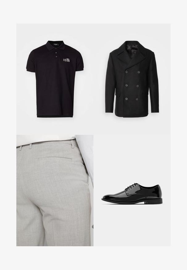 Isaac Dewhirst NEW SHORT PEACOAT SIDE ENTRY - Jas - black; Zwarte poloshirt van katoenmix met een klassieke kraag, drie knopen en de tekst "ICON" in het wit op de linkerkant van de borst. Soepele textuur, korte mouwen.; Lichtgrijze, op maat gemaakte broek van gestructureerde stof, met een enkele achterzak en nette stiksels.; Zwarte gepatineerde leren jurkchoenen met een ronde neus, vetersluiting en een glad, glanzend oppervlak. Voorzien van een laagprofiel rubberen zool.