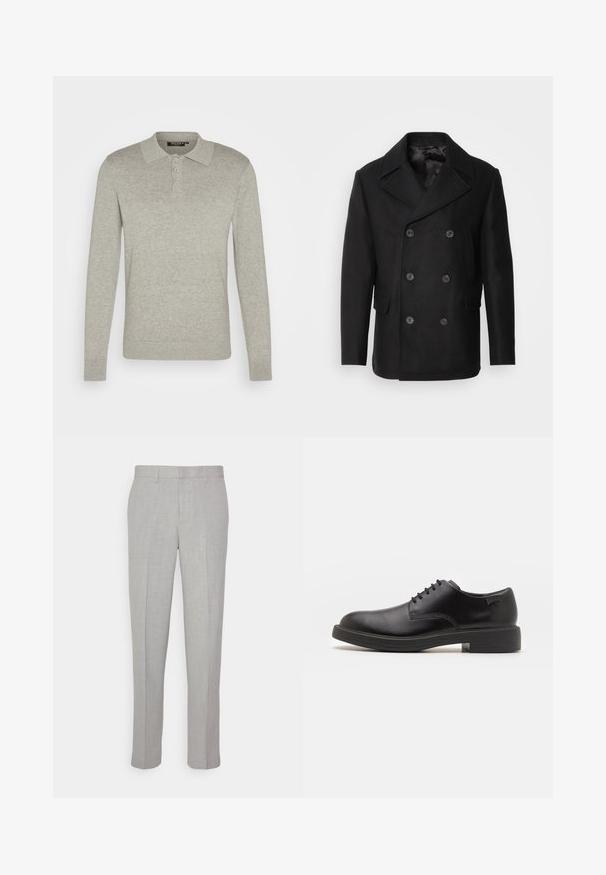 Isaac Dewhirst NEW SHORT PEACOAT SIDE ENTRY - Allvädersjacka - black; Långärmad ljusgrå polotröja i mjukt tyg, med en knäppning med tre knappar och ribbade ärmslut, samt en klassisk kragsdesign.; Ljusgrå byxor med en slät yta, platt fram och raka ben. Tillverkade av ett andningsbart tyg, med interna fickor och bälteshällor.; Svart läder snörsko med rund tå, slät yta, minimal söm och låg gummihäl. Logotyp på hälen.