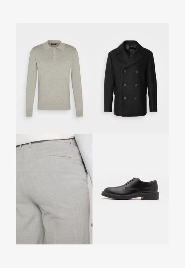 Isaac Dewhirst NEW SHORT PEACOAT SIDE ENTRY - Jas - black; Lange mouwen lichtgrijze polo shirt gemaakt van zachte stof, met een drie-knopen sluiting en geribbelde mouwen, met een klassiek kraagontwerp.; Lichtgrijze, op maat gemaakte broek van gestructureerde stof, met een enkele achterzak en nette stiksels.; Zwarte leren veterschoen met een ronde neus, een gladde textuur, minimale stiksels en een lage rubberen hak. Logo op de hak.