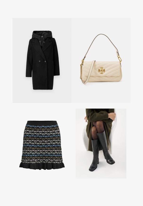 Vero Moda VMGRACE COAT - Wintermantel - black; Schwarzer, verkürzter Pullover mit langen, voluminösen Ärmeln. Hat einen hohen Kragen und eine gerippte Textur. Hergestellt aus weichem Strickmaterial.; Strickrock mit geometrischem Muster in Schwarz, Blau, Braun und Weiß, mit gewelltem Saum und elastischem Bund.; Knöchelhöhe schwarze Lederstiefel mit quadrater Spitze und Blockabsatz, gezeigt mit einem Modell, das einen olivgrünen Mantel trägt. Glatte Textur, minimale Details.; Gepolsterte cremefarbene Handtasche mit goldfarbenem Logo-Akzent, ausgestattet mit einer Ketten- und Ledertrage. Strukturiertes Design und glatte Textur mit diagonalen Nähten.