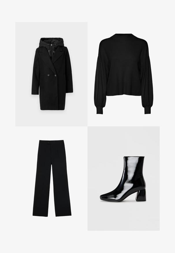 Vero Moda VMGRACE COAT - Winter coat - black; Black, cropped sweater with long, volumetric sleeves. Features a high neck and ribbed texture. Made from a soft knit material.; Black wide-leg trousers made of smooth fabric, featuring a front button closure and two pleats for added detail. Tailored design overall.; Black patent ankle boot with a pointed toe and a square block heel. Smooth texture with a high-shine finish, featuring no visible embellishments.