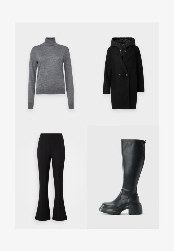 Vero Moda VMGRACE COAT - Wintermantel - black; GAP Strickpullover - charcoal heather; Schwarze, ausgestellte Hosen aus elastischem Stoff, mit glatter Textur, hohem Bund und Nahtdetails an der Vorderseite.; Hoher schwarzer Lederstiefel mit einer robusten Plateausohle und Blockabsatz, der über eine Zuglasche und ein strukturiertes Profil an der Außensohle verfügt.