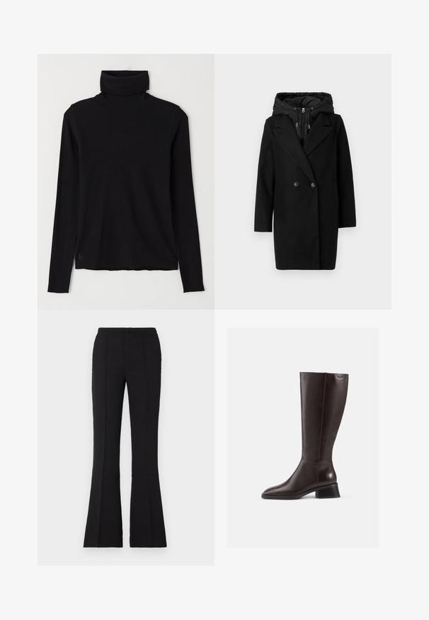 Vero Moda VMGRACE COAT - Žieminis paltas - black; Juodas megztinis su aukšta apykakle, pagamintas iš raibų audinio. Ilgos rankovės, prigludusi konstrukcija ir šiek tiek laisvas apdaila be matomų raštų ar detalių.; Juodos plačių kojų kelnės iš lygaus audinio, su prigludusia talija, priekinėmis siūlėmis ir lengvu išsiplėtimu nuo kelio.; Knee-high rudos odinės botai su lygiu paviršiumi, apvaliu pirštu ir juodu aukštu kulnu. Paprastas dizainas su minimaliais detalėmis.